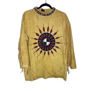 Vintage 90's Native American Sun Graphic Fringed Long Sleeve Cotton Shirt Mens M